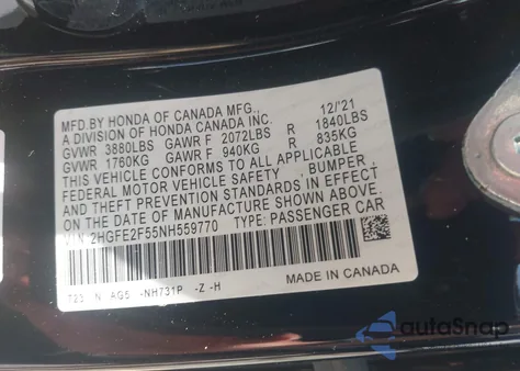 2022 Honda Civic Sport from USA, damaged, VIN 2HGFE2F55NH559770